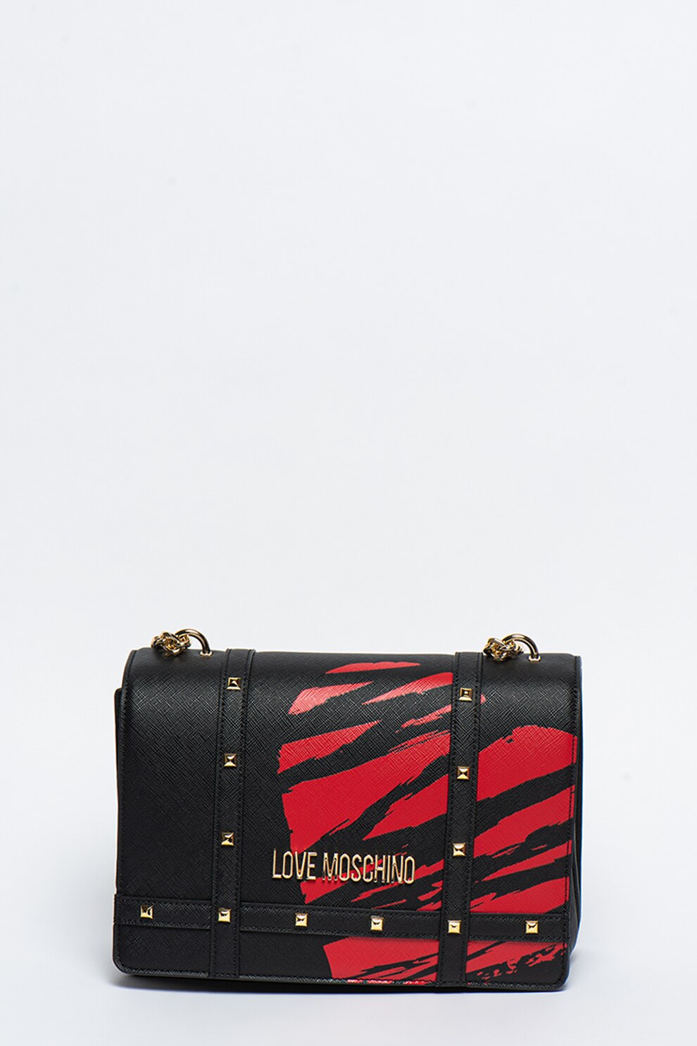 Love Moschino, Geanta de piele ecologica cu barete lant, Negru/Rosu