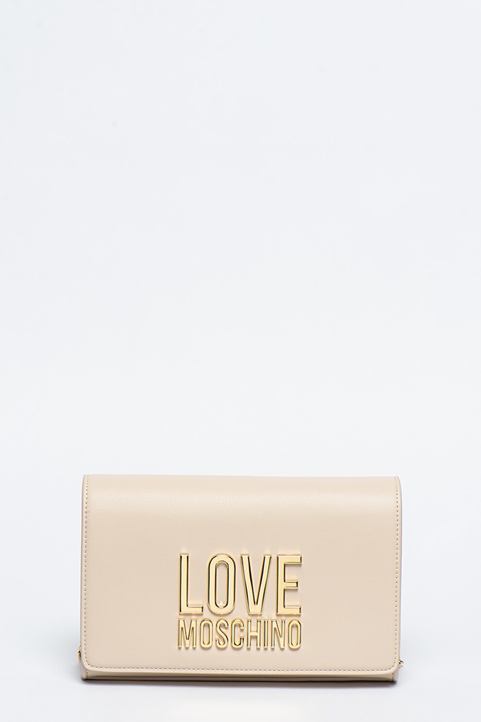 Love Moschino, Geanta crossbody de piele ecologica cu aplicatie cu logo metalic, Maro nisip/Auriu