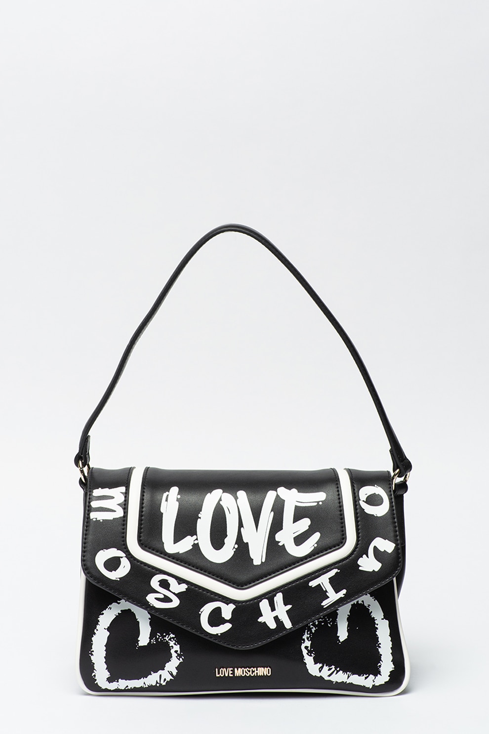 Love Moschino, Geanta de piele ecologica cu bareta si clapa, Negru/Alb