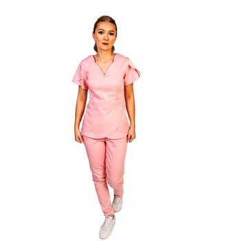 Costum medical de dama e dama cu bluza cu anchior in V talia evidentiata, maneca scurta model lalea, Cluoare Roz, Marime S Costum medical de dama e dama cu bluza cu anchior in V talia evidentiata, maneca scurta model lalea, Cluoare Roz, Marime S