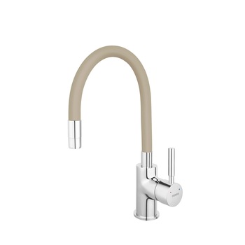 Baterie chiuveta bucatarie, Ferro, Zumba, cu o singura maneta, gura flexibila, pipa inalta pivotanta, Bej