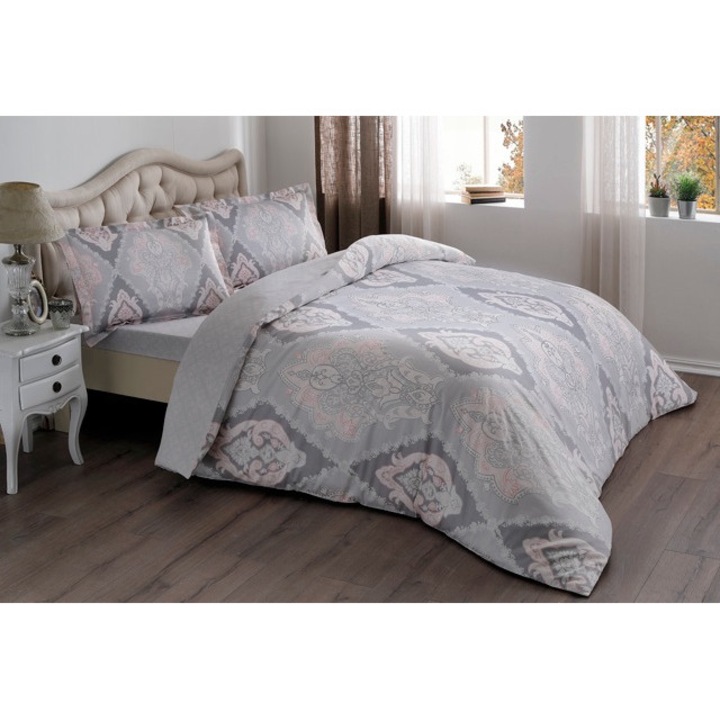 1 személyes ágynemű, 100% szatén pamut, TAC, 3 db, Vales Pink/Grey