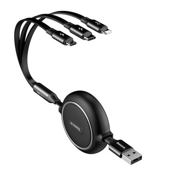 Cablu de date 3 in 1 BASEUS Golden Loop CAMLT-JH01, Retractabil, Lightning, Micro-USB, Type-C, 120 cm, Negru Cablu de date 3 in 1 BASEUS Golden Loop CAMLT-JH01, Retractabil, Lightning, Micro-USB, Type-C, 120 cm, Negru