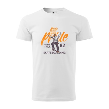 Tricou alb barbati, idee de cadou, pentru pasionatii de skateboard, Ride with Pride Ollie Trick, marime 2XL
