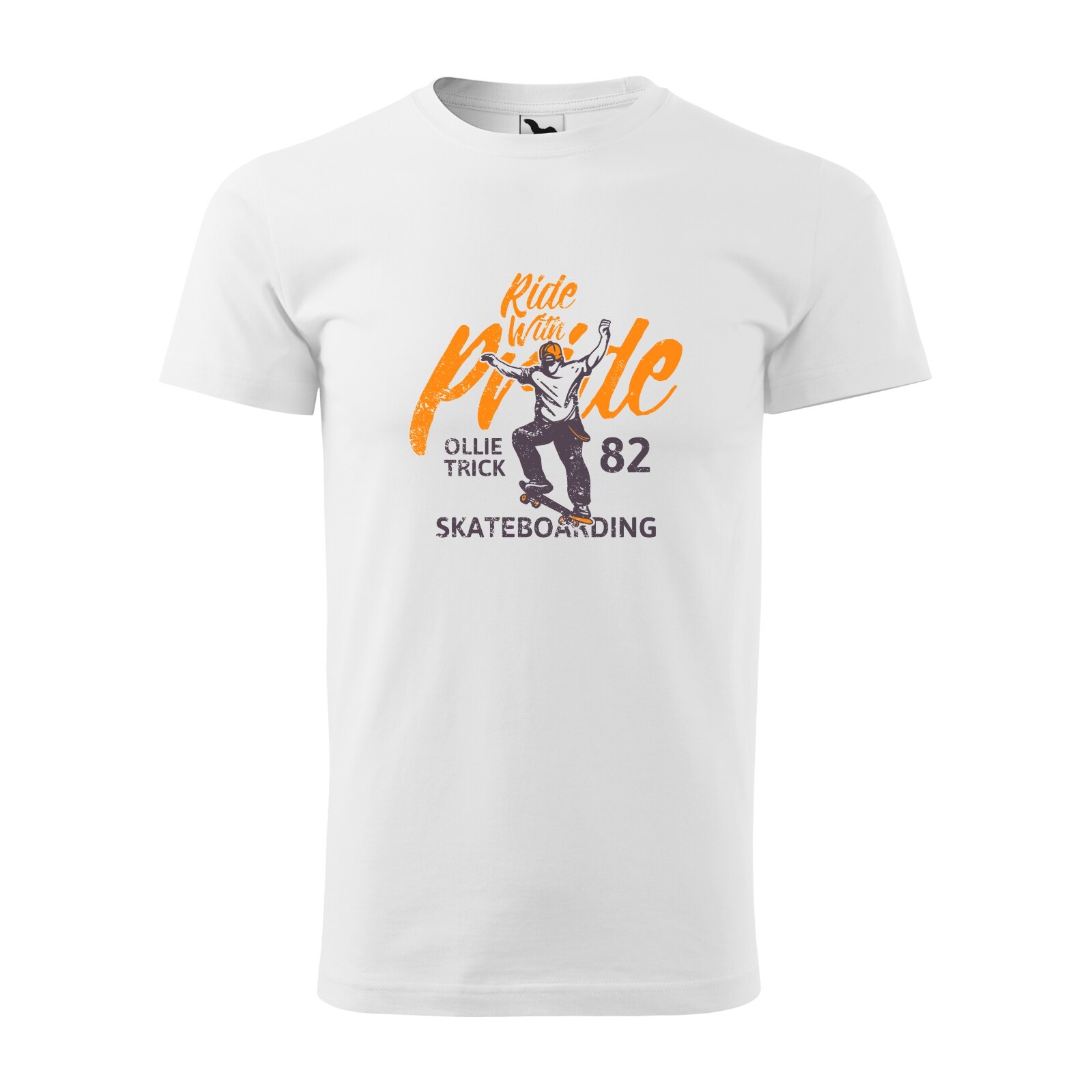 Tricou alb barbati, idee de cadou, pentru pasionatii de skateboard, Ride with Pride Ollie Trick, marime XS