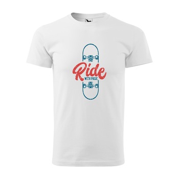Tricou alb barbati, idee de cadou, pentru pasionatii de skateboard, Ride Your Board With Pride, marime XL