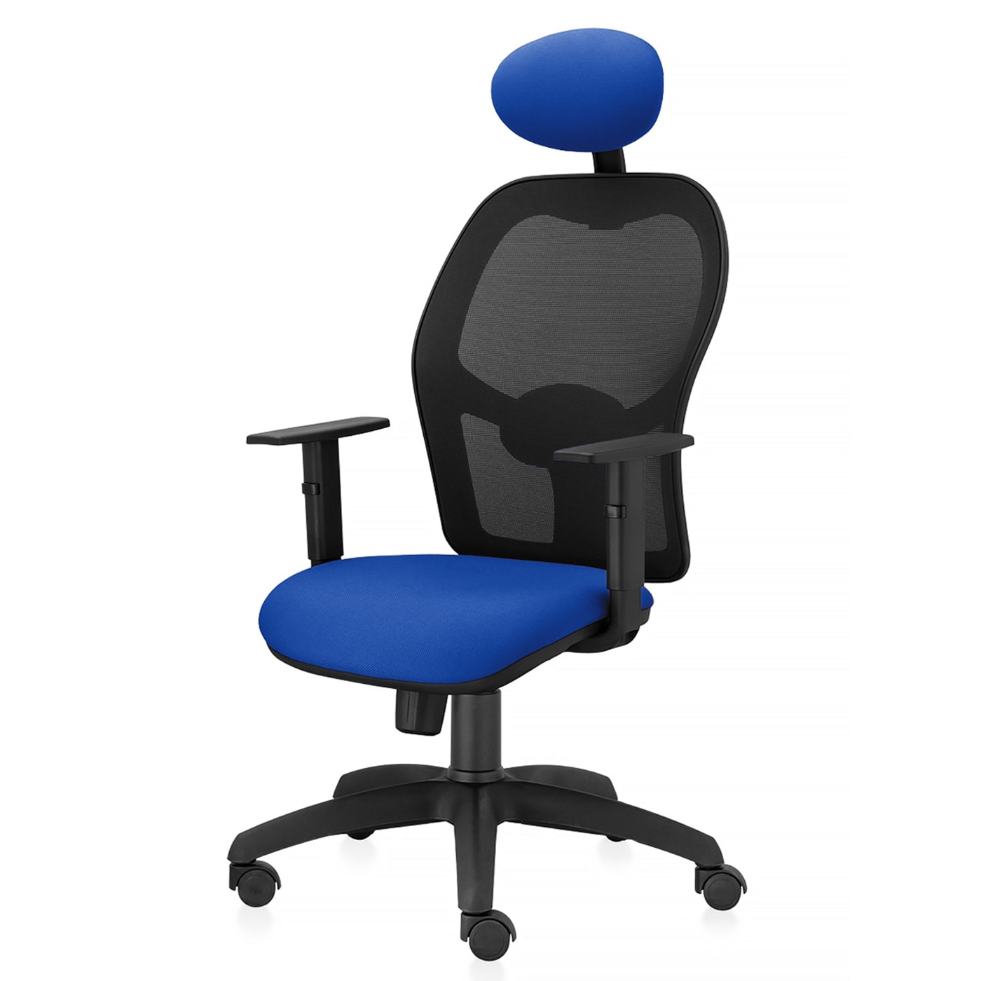 Scaun ergonomic de birou TRAFFIC CHAIRS AERO, tapiterie sezut textil, ALBASTRU, spatar mesh NEGRU, tetiera, brate reglabile, mecanism multiblock, suport lombar reglabil