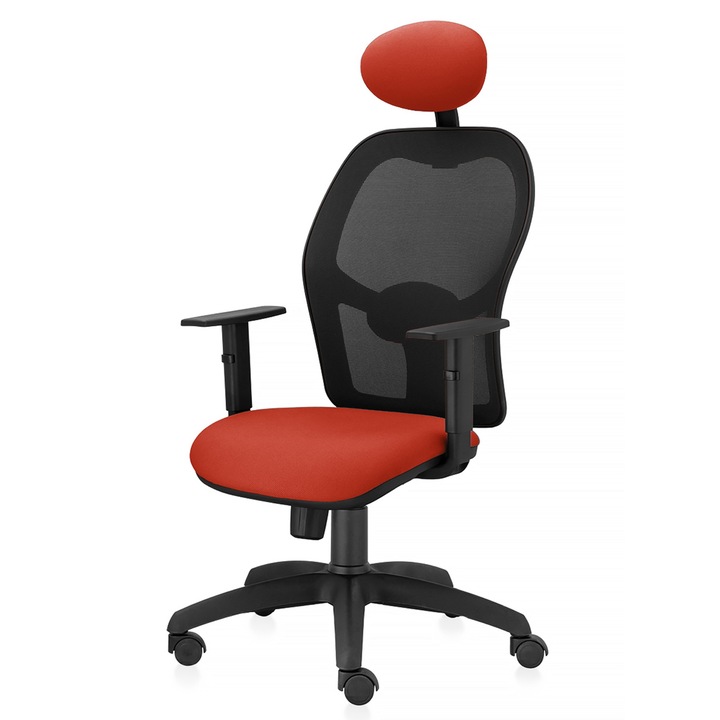 Scaun ergonomic de birou TRAFFIC CHAIRS AERO, tapiterie sezut textil, PORTOCALIU INCHIS, spatar mesh, NEGRU, tetiera, brate reglabile, mecanism multiblock, suport lombar reglabil