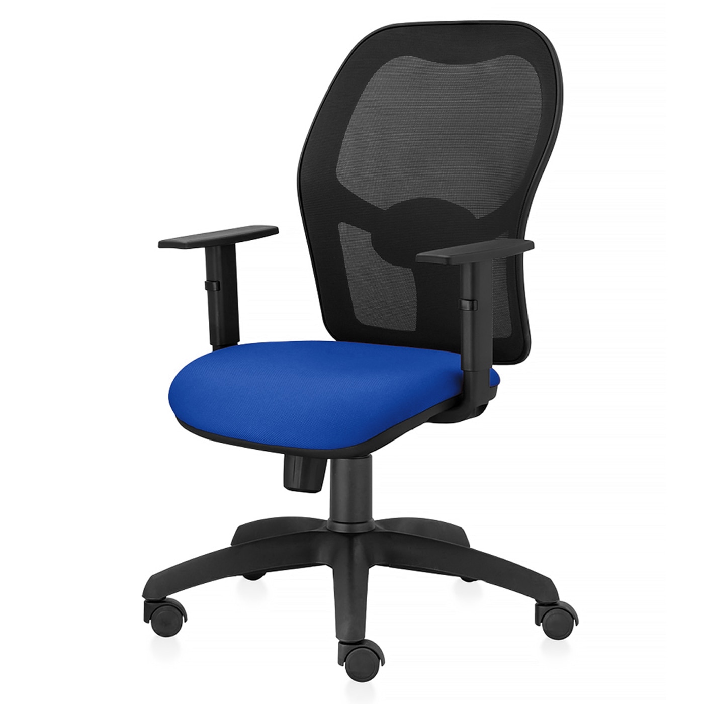 Scaun ergonomic de birou TRAFFIC CHAIRS AERO ECO, tapiterie sezut textil, ALBASTRU, spatar mesh NEGRU, brate reglabile, mecanism multiblock, suport lombar reglabil