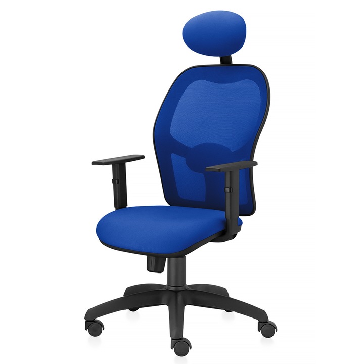 Scaun ergonomic de birou TRAFFIC CHAIRS AERO, tapiterie sezut textil, ALBASTRU, spatar mesh ALBASTRU, tetiera, brate reglabile, mecanism multiblock, suport lombar reglabil