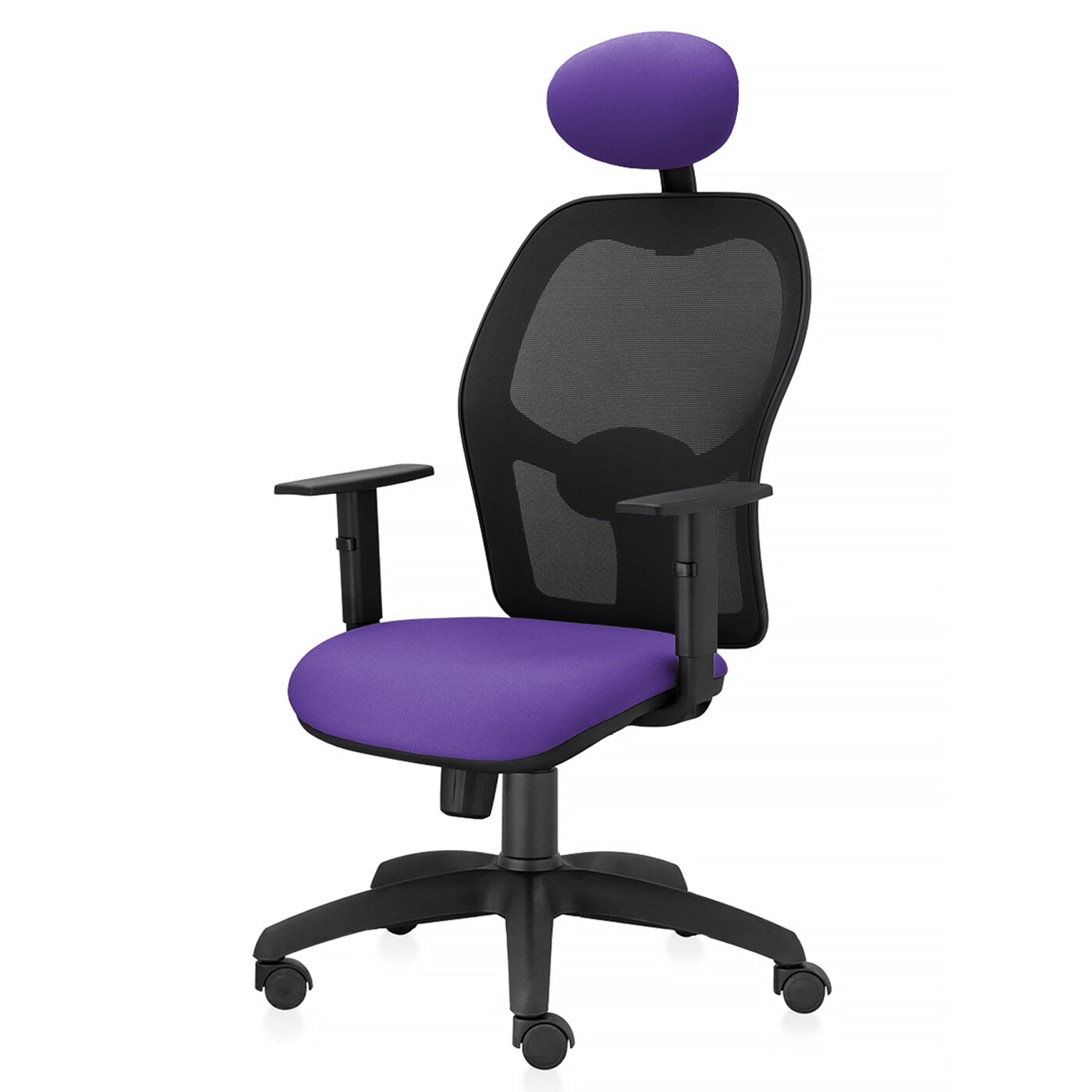 Scaun ergonomic de birou TRAFFIC CHAIRS AERO, tapiterie sezut textil, MOV, spatar mesh negru, tetiera, brate reglabile, mecanism multiblock, suport lombar reglabil
