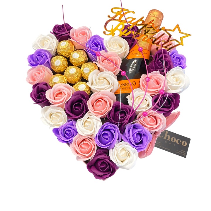 Cutie Cadou, ChocoBox, LOVE VI, include Trandafirii, Praline Ferrero Rocher si Prosseco