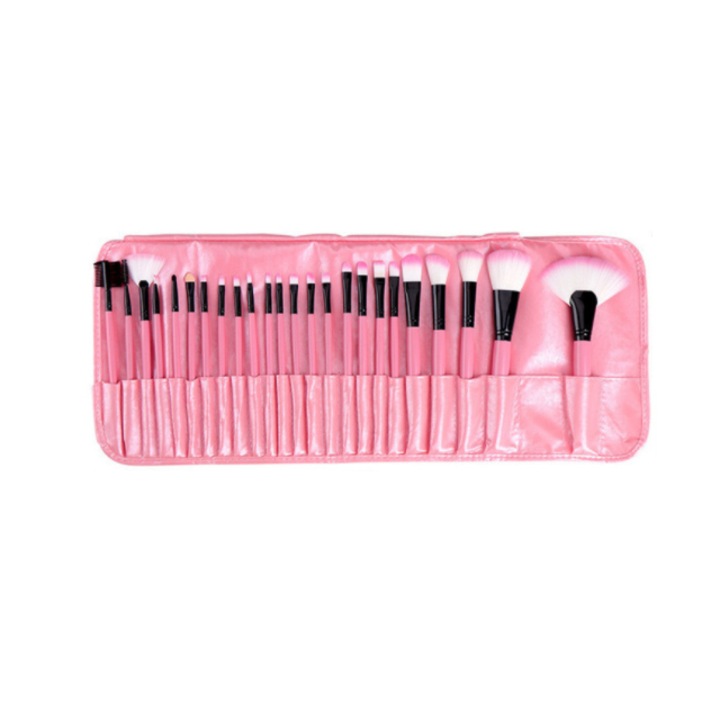Set 24 pensule pentru makeup cu borseta inclusa, culoare Roz