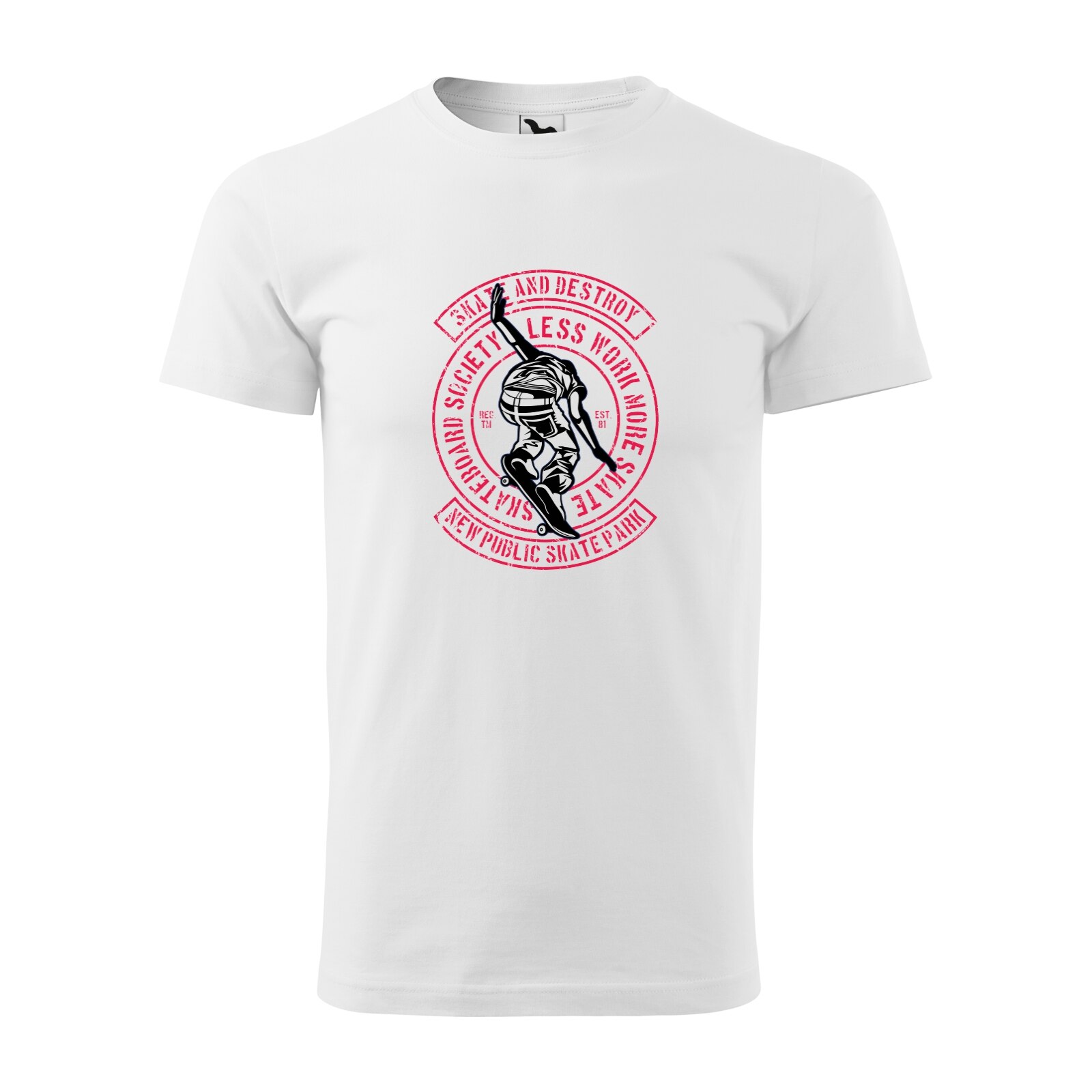 Tricou alb barbati, idee de cadou, pentru pasionatii de skateboard, Less Work More Skate, marime S