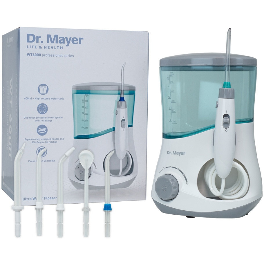 Dus Bucal fix Dr. Mayer WT6000, tehnologii One Touch si Multi Pulse, 1400 de pulsatii, 10 trepte de viteza, rezervor 600ml, 6 capete incluse (3 varf standard, 1 varf ortodontic, 1