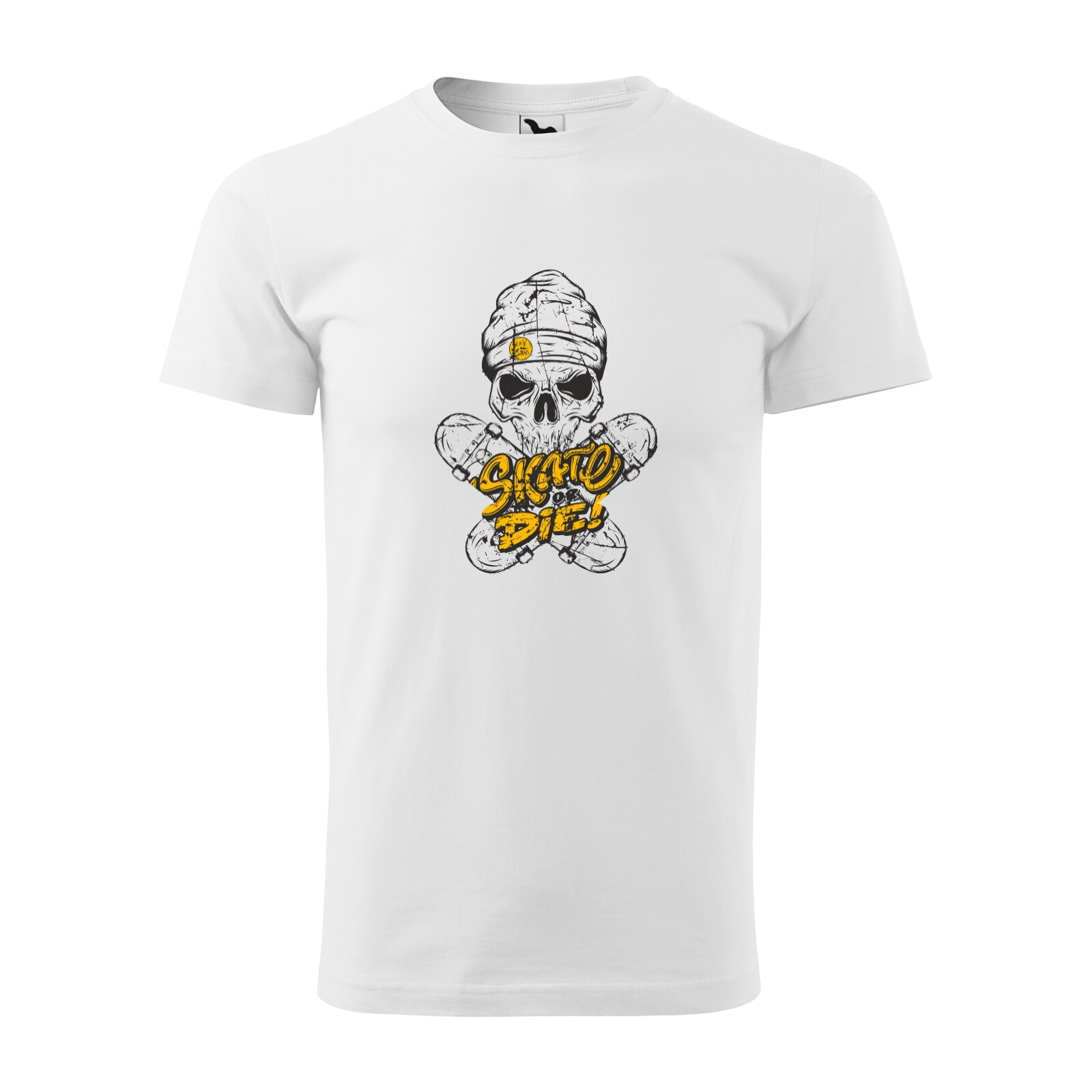 Tricou alb barbati, idee de cadou, pentru pasionatii de skateboard, Skull Beanie Skate or Die, marime L