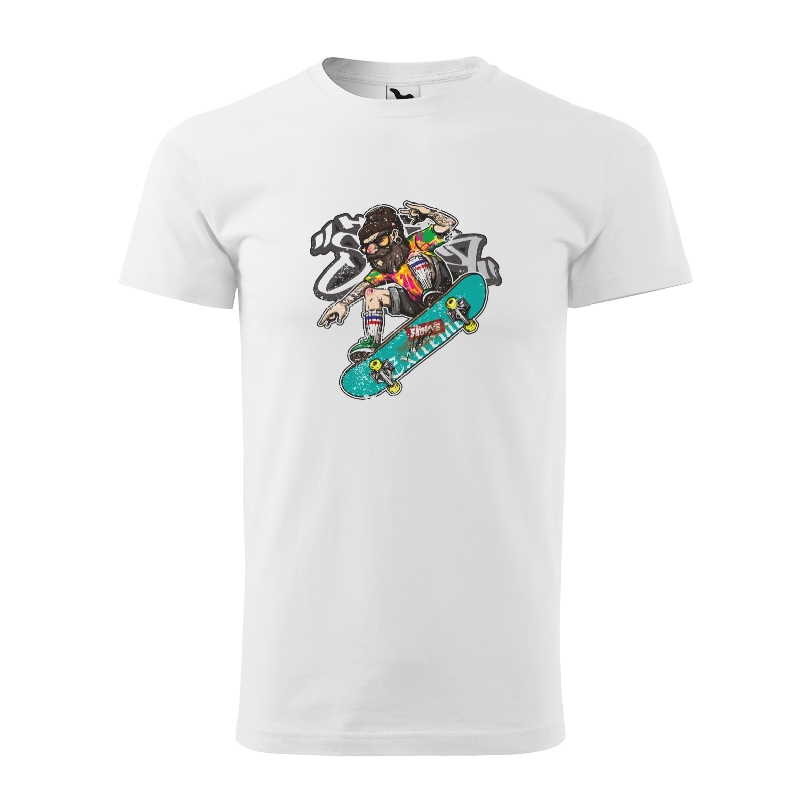 Tricou alb barbati, idee de cadou, pentru pasionatii de skateboard, Beard and Beannie Skater, marime M