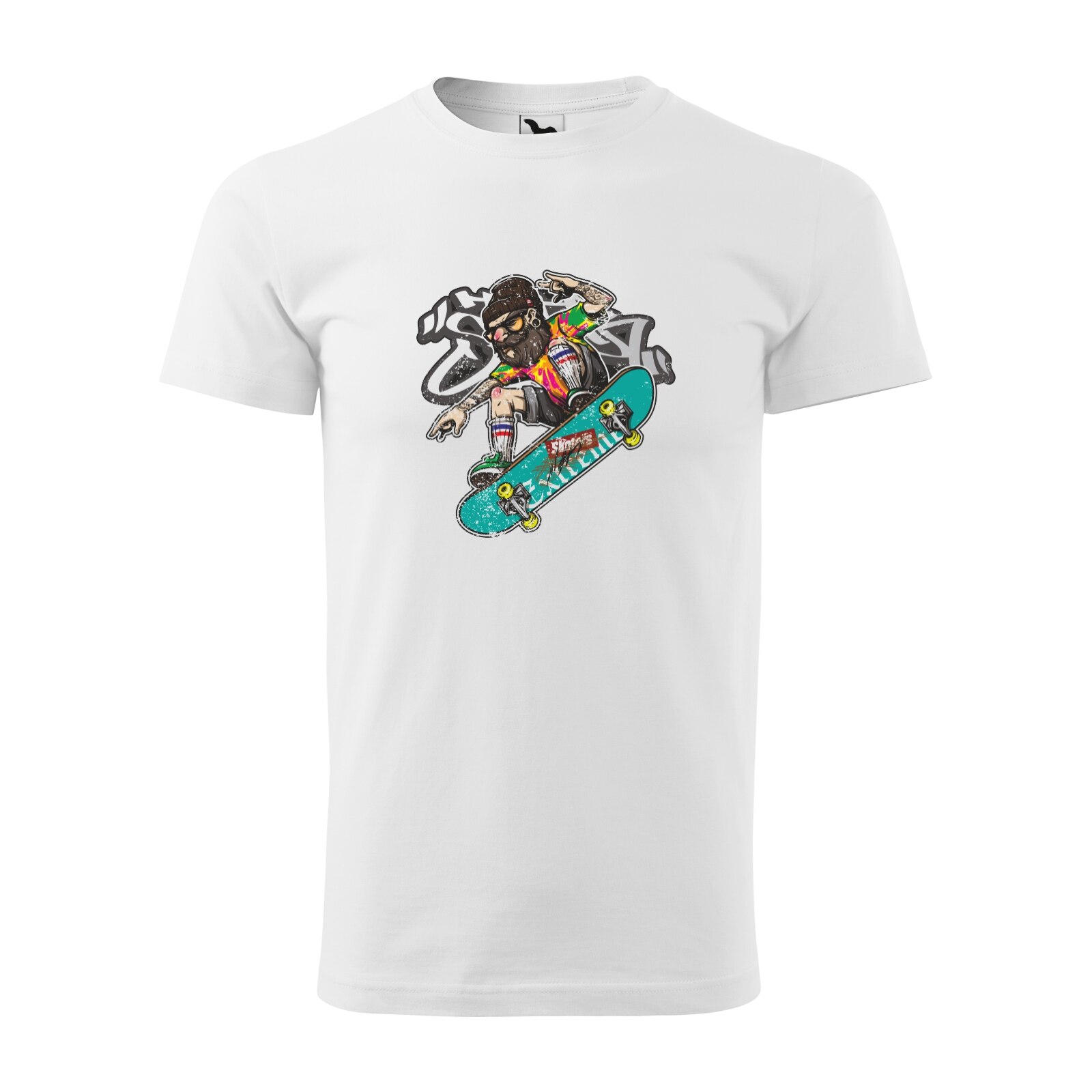 Tricou alb barbati, idee de cadou, pentru pasionatii de skateboard, Beard and Beannie Skater, marime XL