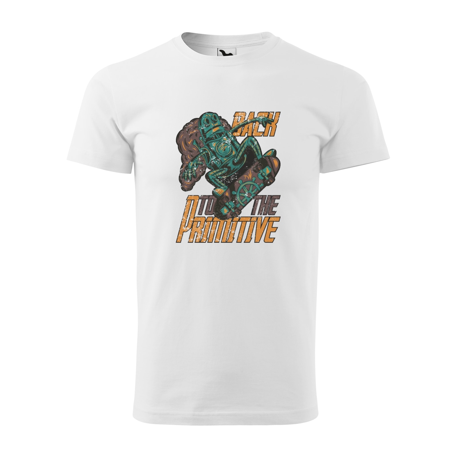 Tricou alb barbati, idee de cadou, pentru pasionatii de skateboard, Back to The Primitive, marime S
