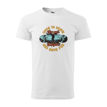 Tricou alb barbati, idee de cadou, pentru pasionatii de skateboard, Come to Skate and Have Fun, marime M