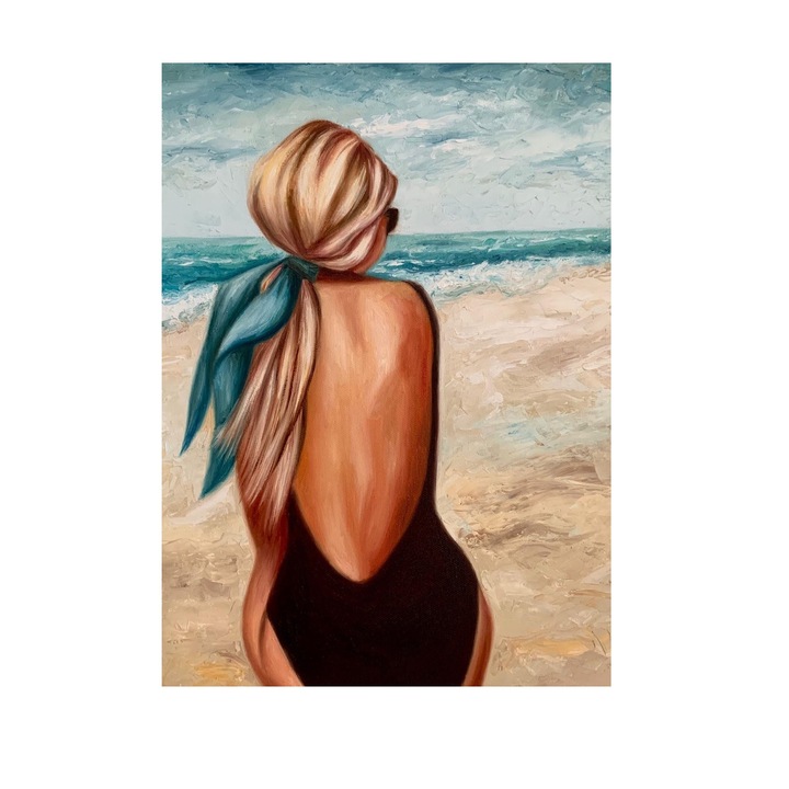 Tablou pictat Fata pe plaja, Ramian Gold, 40x30 cm