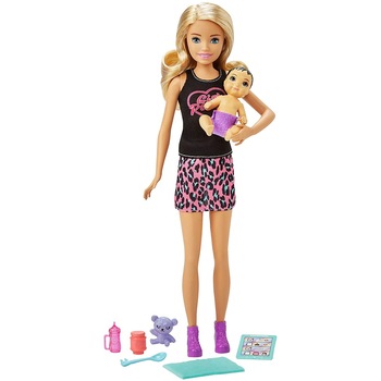 Papusa Barbie babysitter Skipper, blonda cu bebelus inclus si 6 accesorii, 30 cm Papusa Barbie babysitter Skipper, blonda cu bebelus inclus si 6 accesorii, 30 cm