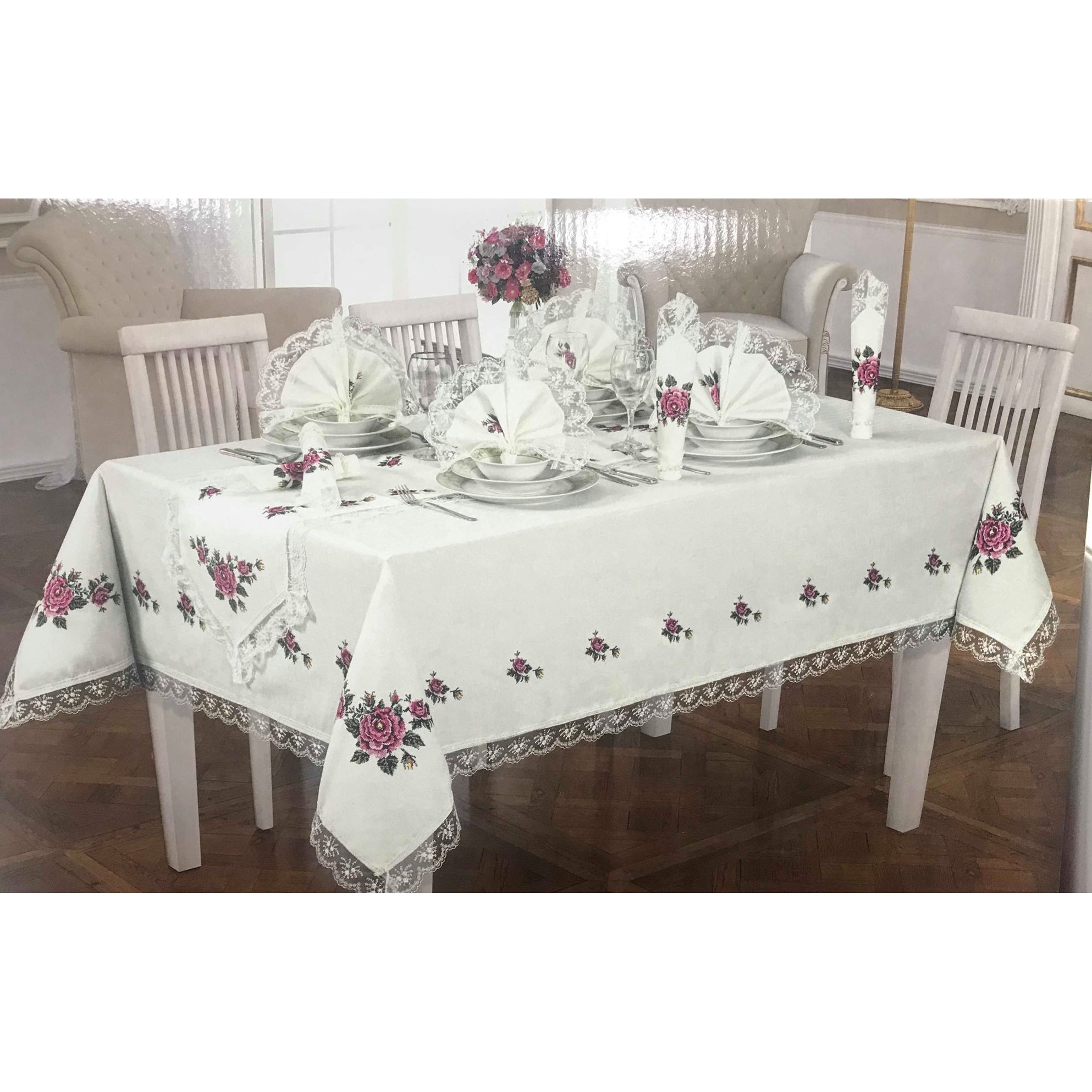 Fata de Masa din bumbac, goblen si dantela 160 x 220 cm, culoare alb , model flori roz