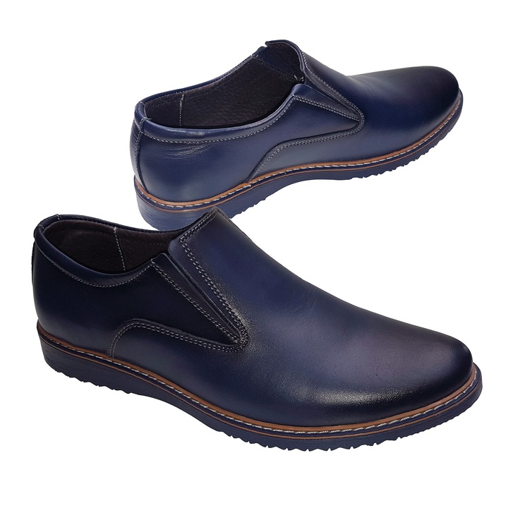 Pantofi barbati fara siret din piele naturala Tudor, bleumarin, 43