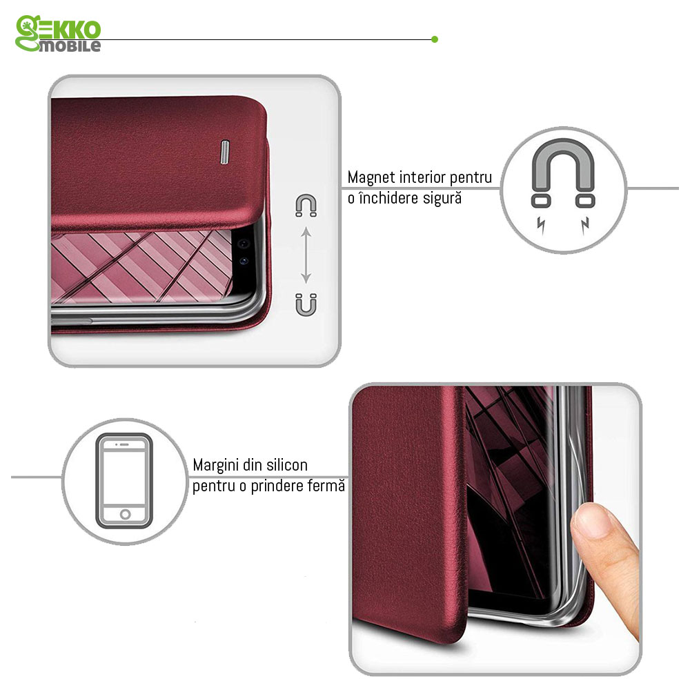 Husa pentru Motorola E7 Power - tip carte, inchidere magnetica, Gekko Elegance - Bordo