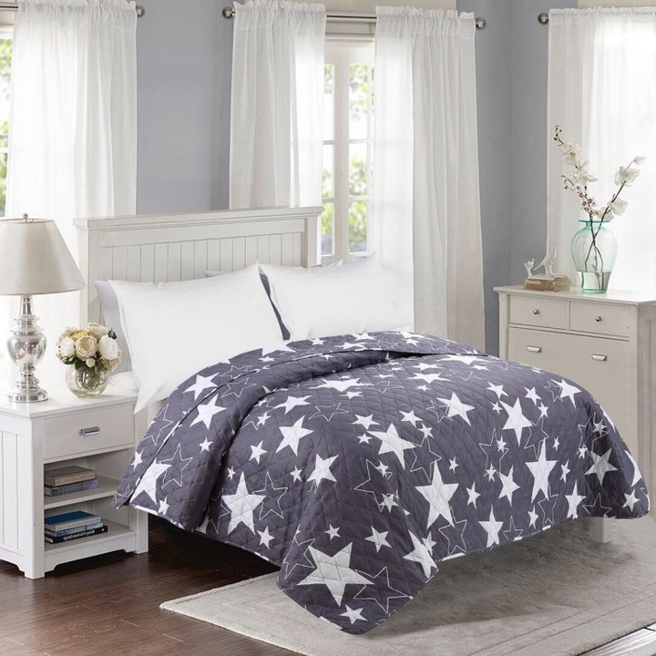 Cuvertura de pat cu Stele, Hometex, 100% poliester, gri, 200 x 240 cm
