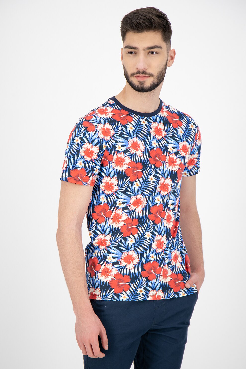 !Solid, Tricou cu decolteu la baza gatului si imprimeu floral, Albastru/Rosu, S