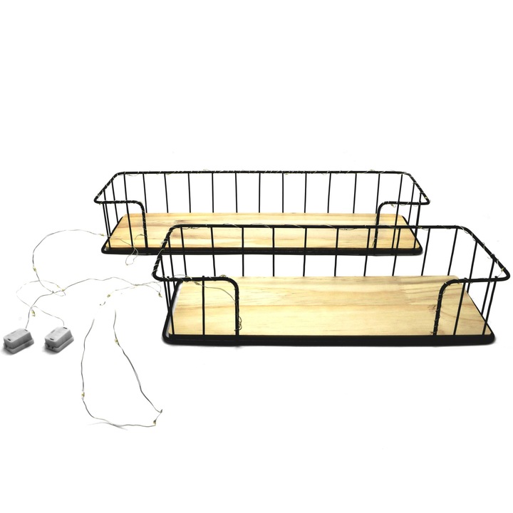 Set 2 etajere suspendate, negre cu luminite led, 44.5*13*7.5 cm, D61N