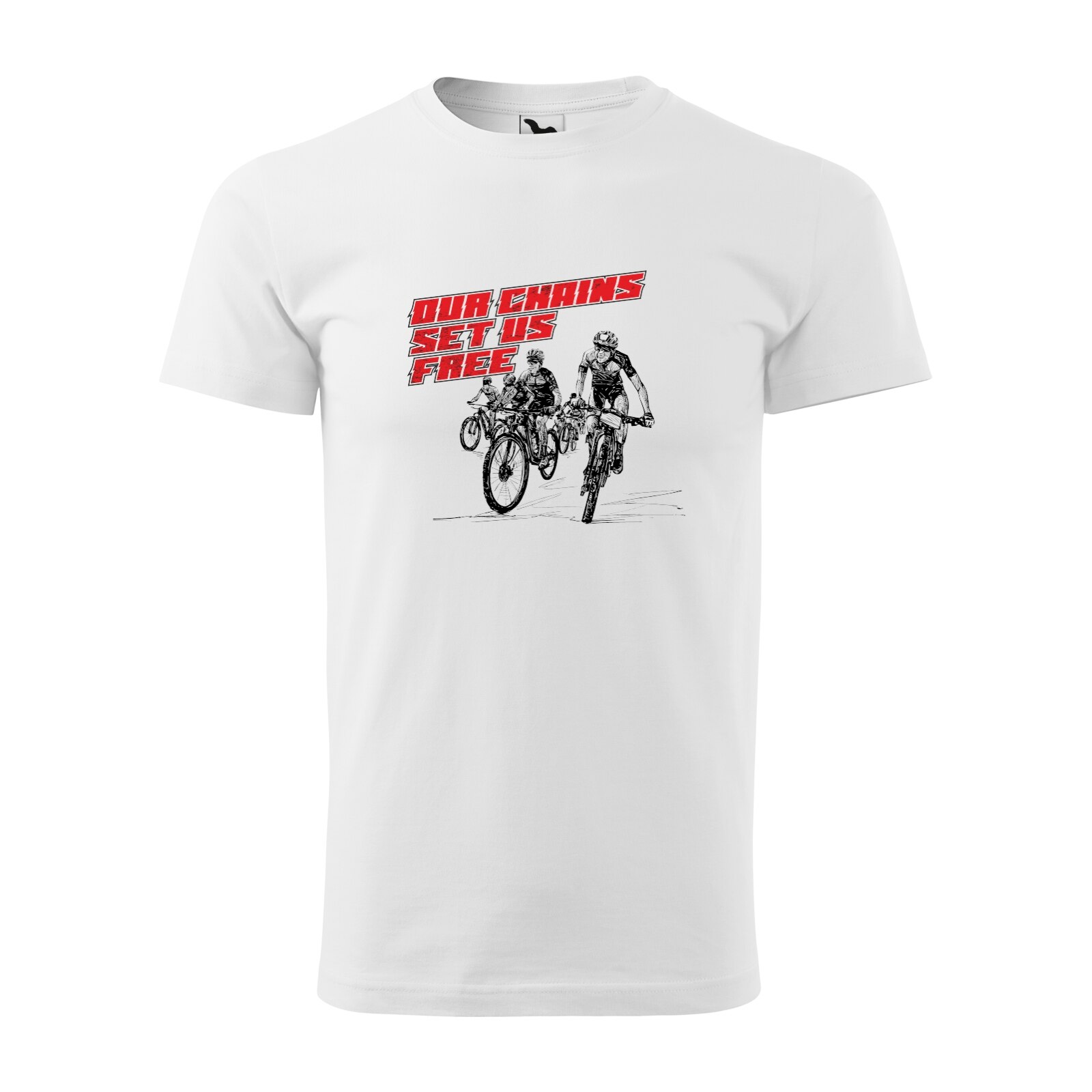 Tricou alb barbati, idee de cadou, pentru biciclisti, Our Chains Set us Free, marime M