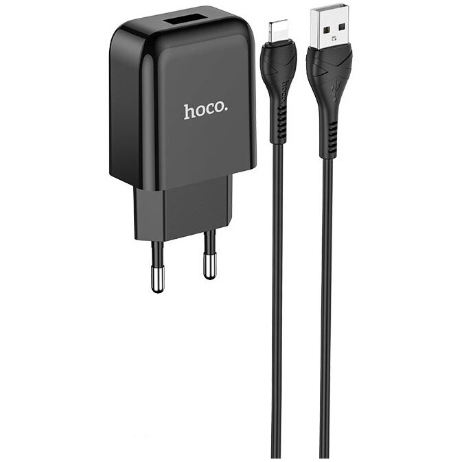 Set Incarcator Retea+Cablu Date Lightning Hoco N2 Vigour 1xUSB 2.1A 1m , Black