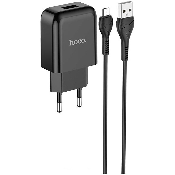 Set Incarcator Retea+Cablu Date Micro Usb Hoco N2 Vigour 1xUSB 2.1A 1m, Black