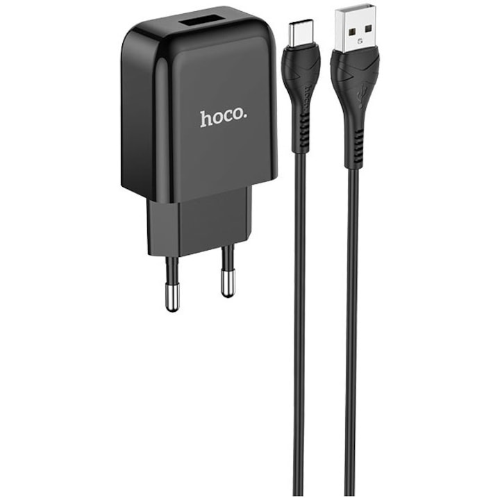 Set Incarcator Retea+Cablu Date Type C Hoco N2 Vigour 1xUSB 2.1A 1m, Black