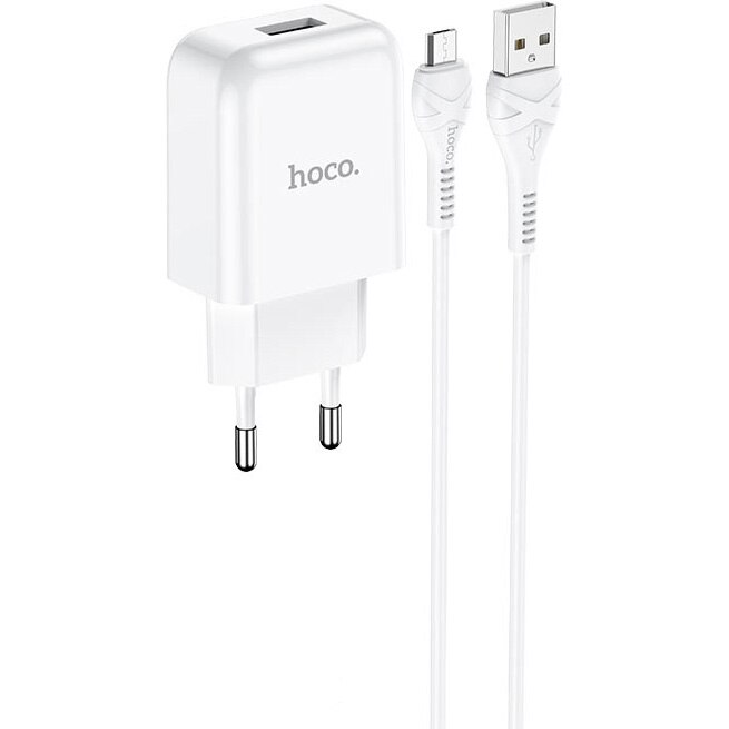Set Incarcator Retea+Cablu Date Micro Usb Hoco N2 Vigour 1xUSB 2.1A 1m , alb