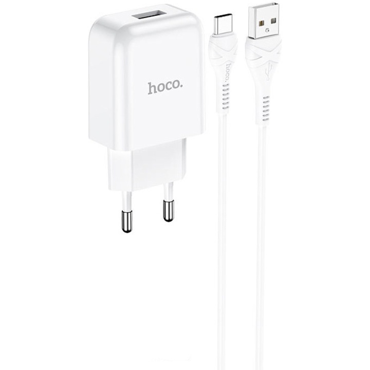 Hoco N2 Vigor Hálózati töltőkészlet + C-típusú adatkábel, 1xUSB, 2.1A, 1m, fehér
