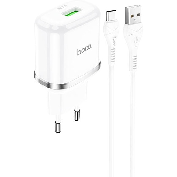 Set Incarcator, Retea+Cablu Date Type C Hoco N3 Vigour, 1xUSB 18W QC 3.0 1m, alb