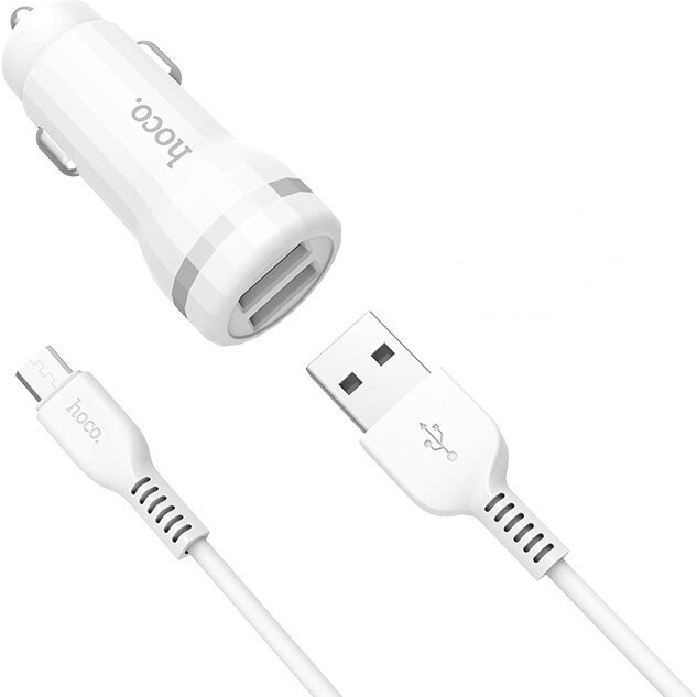 Incarcator auto Hoco Z27 dual USB cu cablu MicroUSB inclus, 2.4A, alb