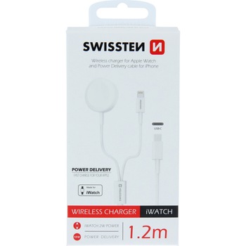 Incarcator Wireless Swissten 2in1 pentru iWatch si Cablu Date Lightning PD 2.4A , alb