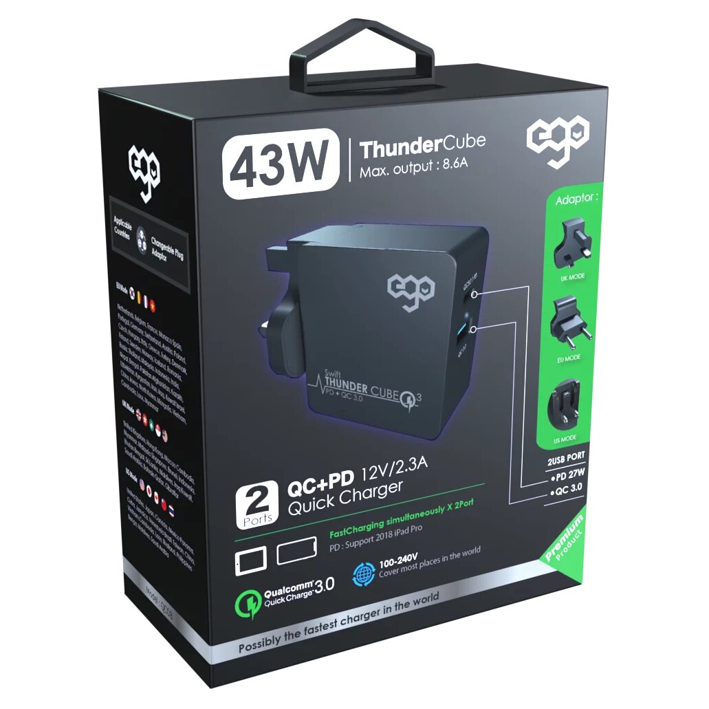 Incarcator Retea Ego Thunder Cube QC-08 2xUsb QC 3.0 43W, Black