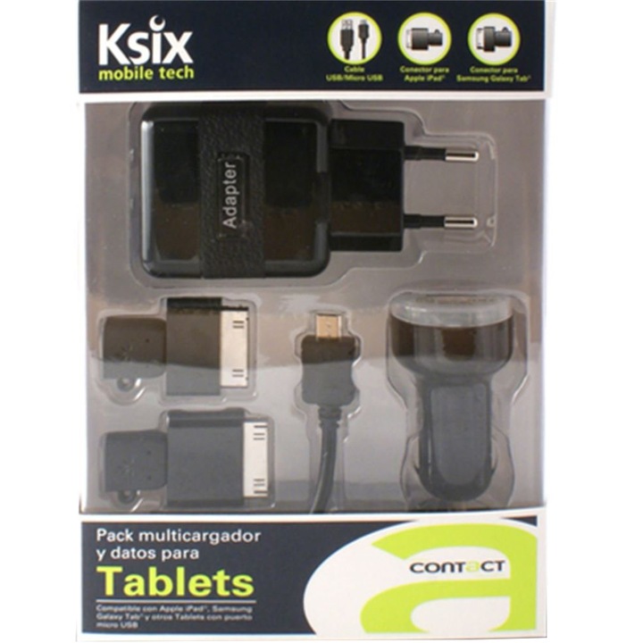 Комплект Ksix: Зарядно за кола и мрежово зарядно B0500CRDU 2xUsb + Кабел за данни Micro Usb 30Pin, Black