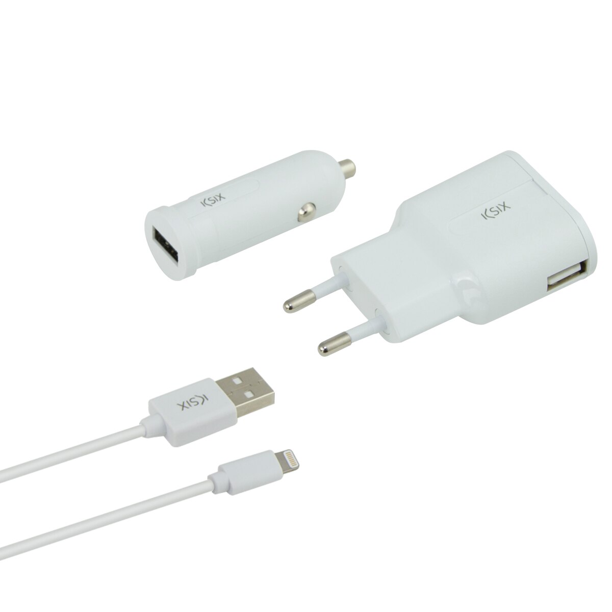 Set Incarcator Auto si Retea Ksix B0925CRDU 2xUsb+Cablu Date Lightning-Usb, alb