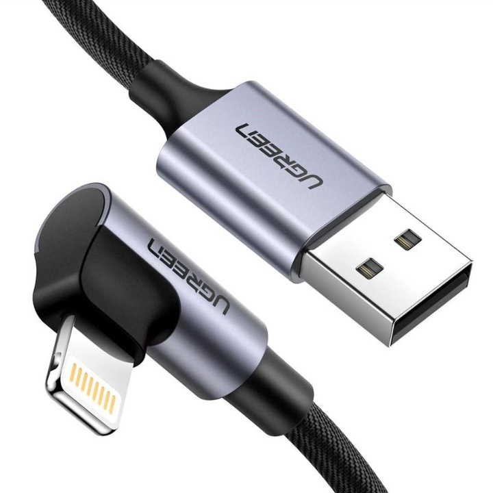 Кабел за данни Ugreen US299 Angled Lightning To USB 2.0 A Male Cable 90°Angle 1 м, Black