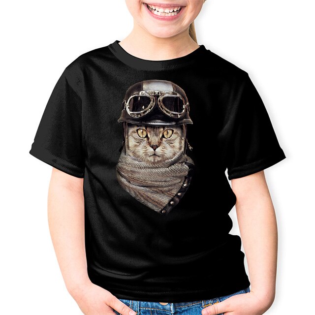 Tricou Negru Copii Pisica Biker, Negru