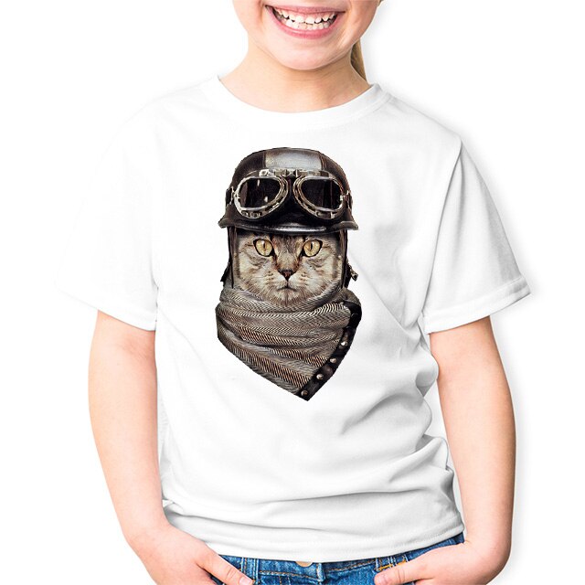 Tricou Alb Copii Pisica Biker, Alb