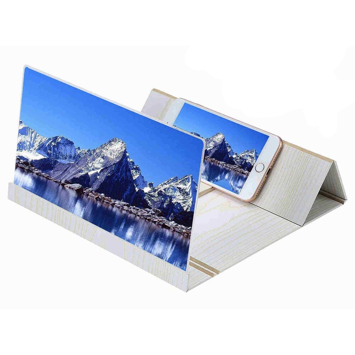 Dispozitiv tip lupa, pentru marirea imaginii de pe telefon, cu suport din lemn, lupa cu efect 3D,Alb