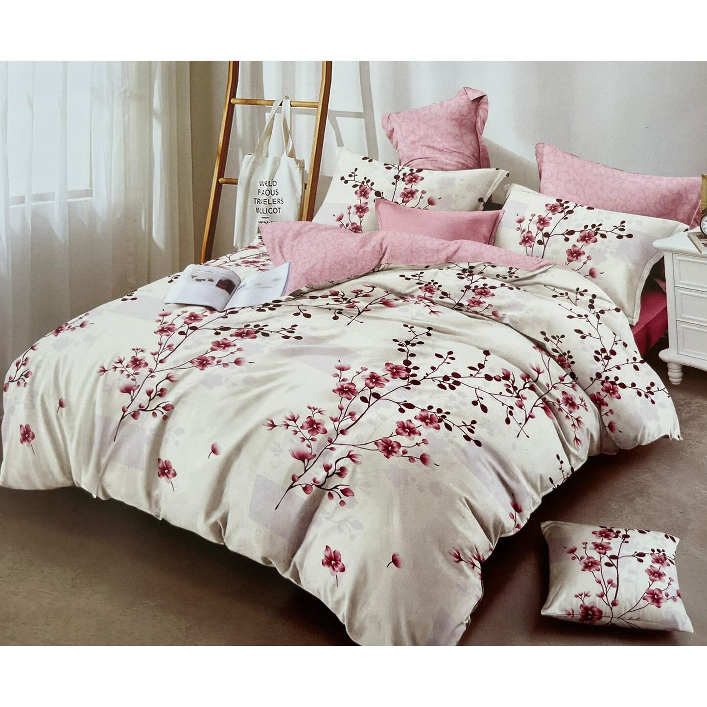 Lenjerie de pat pentru doua persoane Deluxe Pucioasa Cherry Flowers, bumbac 100%, 6 piese
