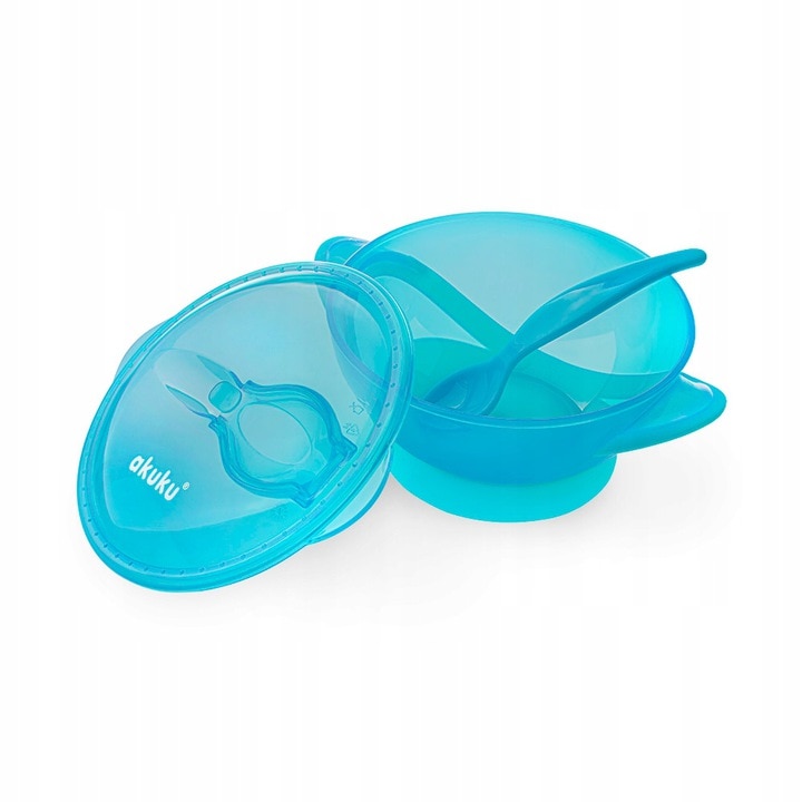 Set Castron cu Capac si Lingurita, Prindere cu Ventuza, 300 ml, Fara BPA, Compatibil Masina de Splat Vase, Albastru